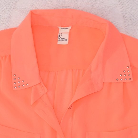 Forever 21 Fluorescent Neon Coral Button Studded Sheer Shirt Tank Top Blouse S - Picture 3 of 10